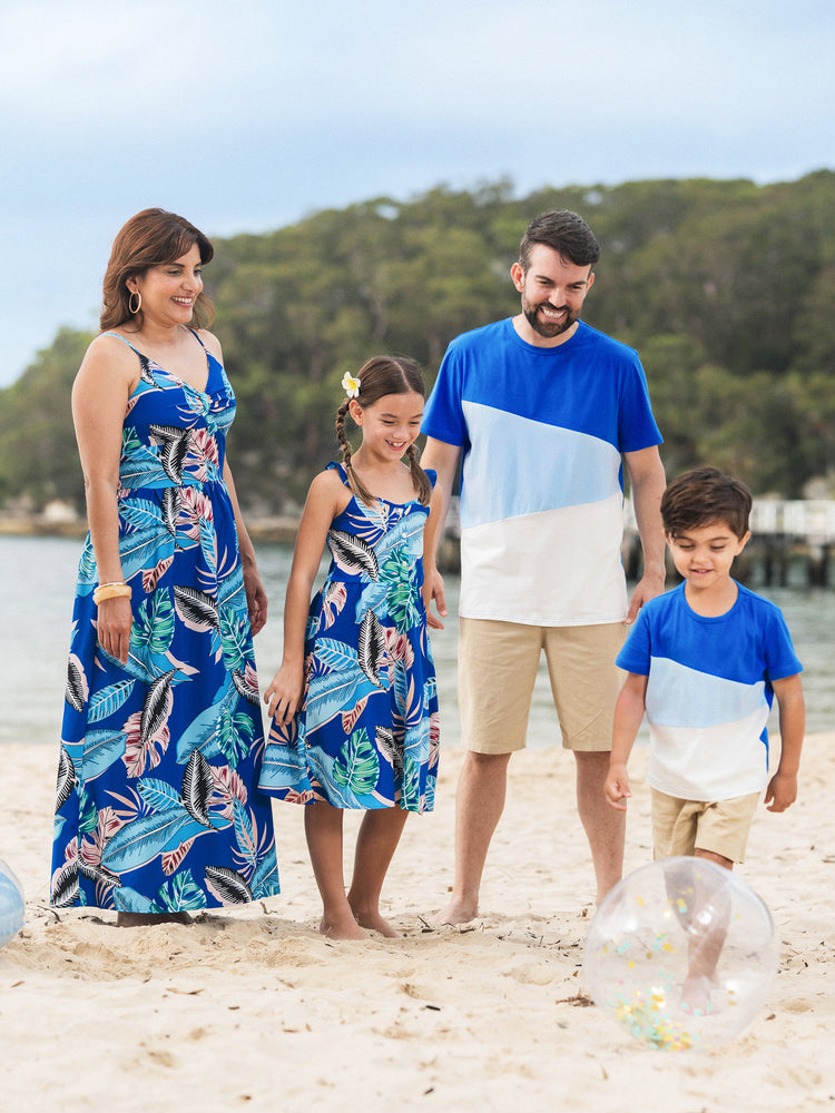 Family Matching Tropical Dress & T-shirt Set – Blue Floral Print for Dad, Mom, Girls & Baby, Perfect for Summer Vacations and Family Photos Blue
