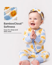 Bamboo Baby Boy/Girl Animal Printed 2-Way Zipper Anti Slip Long-sleeve Footie with/without Hairband Light Blue