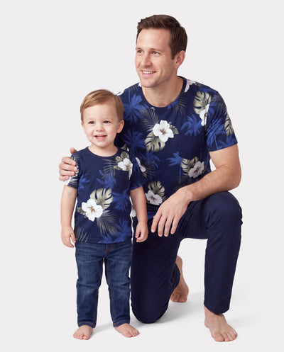 Daddy & Son Floral Print Cotton Top Short-sleeve Shirt Deep Blue