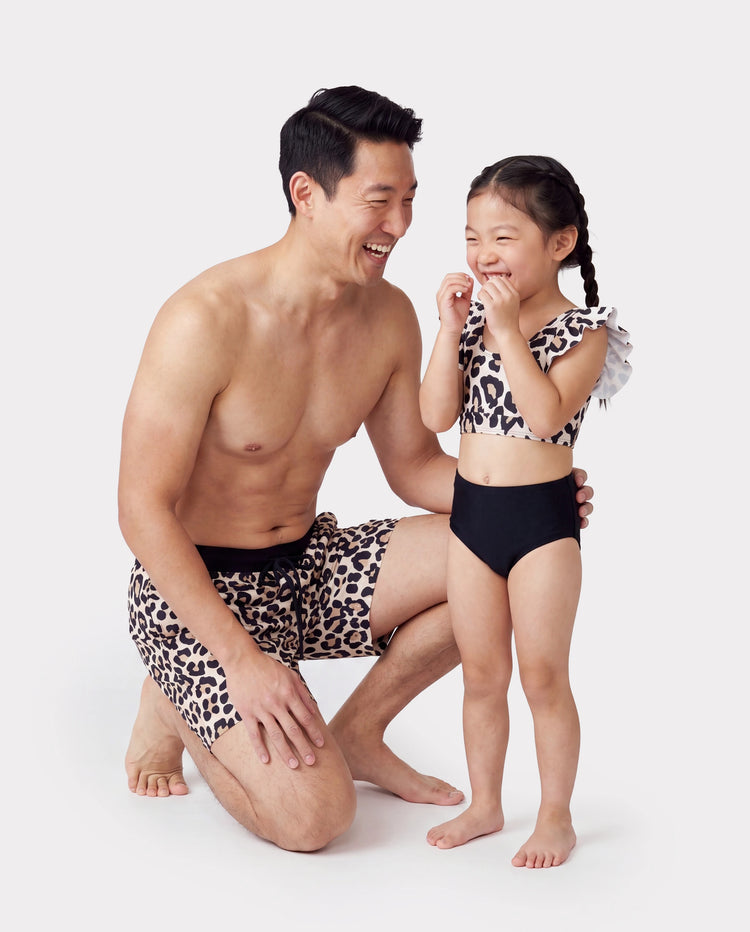 Daddy & Daughter Leopard Pattern Drawstring Swim Trunks or Ruffle Neck Two-Piece Bikini with Optional Cover Up Sarong Skirt Black
