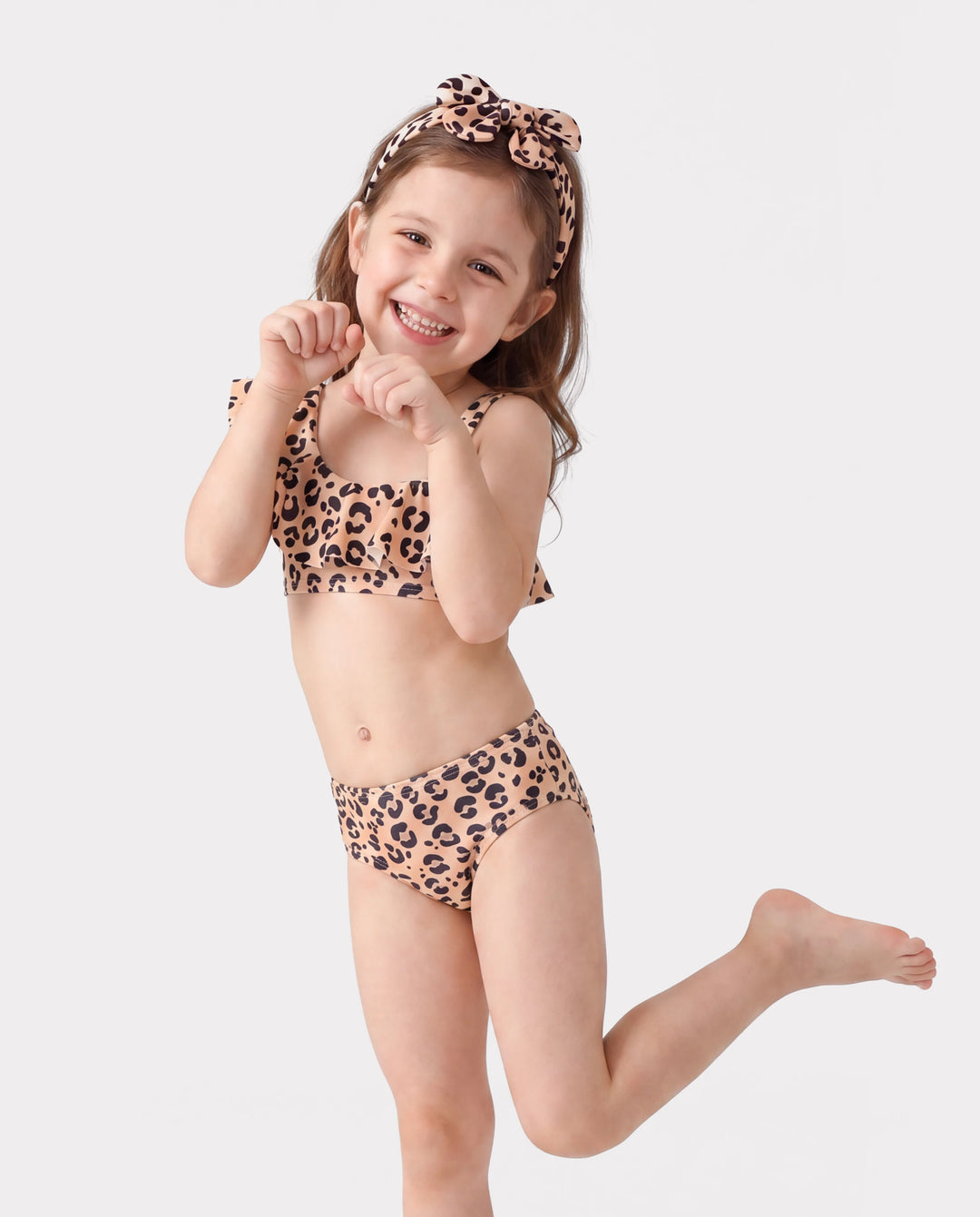 3Pcs Toddler Girl Leopard Print Ruffled Two-piece Swimsuit Set Colorful