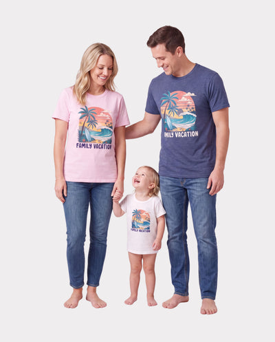 T-shirts en coton assortis pour toute la famille "Vacances en famille" Imprimé surf tropical Multicolore
