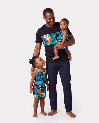 Ensembles papa et fille T-shirt à panneaux floraux et robe à cordon froncée sur le côté noire