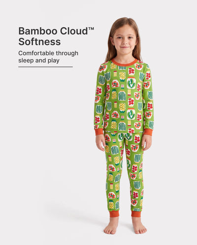 Pyjama de Noël/Halloween 2 pièces en bambou épais de qualité supérieure avec imprimé enfantin pour petite fille (coupe ajustée) vert