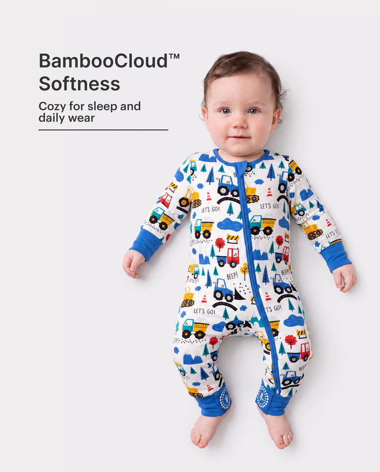 Bamboo Baby Boy/Girl Cartoon Printed 2-Way Zip Onesies Anti Slip Long-sleeve Footie Blue