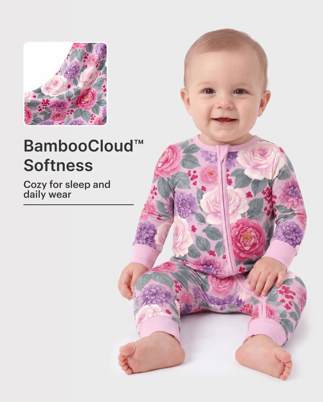 Bamboo Baby Neutral 1 Stück Blumenmischung Eng anliegender Reißverschluss Fußloser Schlafanzug Dunkelrosa
