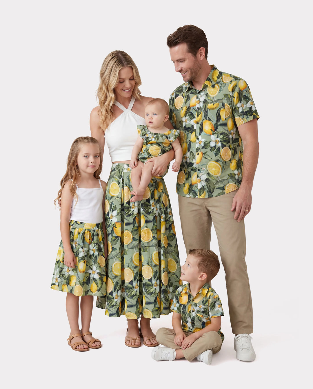 Matching Family Outfits Lemon Print Hawaiian Shirts & Summer Dresses Tropical Vacation Clothes for Men, Women & Kids Green