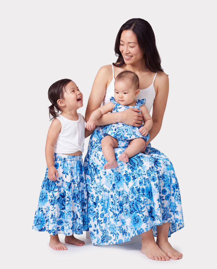 Mommy & me Outfits White Camisole Top and Blue Floral Print Skirt Co-ord Set Blue