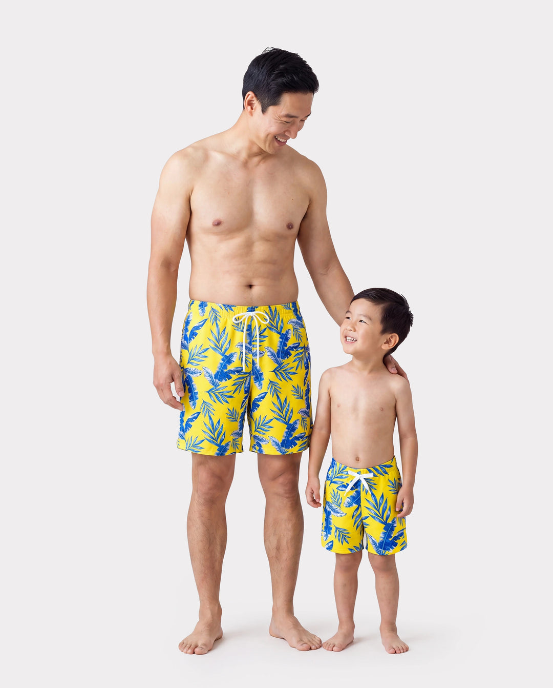 Daddy & Son Yellow Leaf Print Swim Trunks with Optional Swim Cover Up Yellow