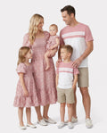 Family Matching Blue Cotton Colorblock Tee Shirt or Floral Print Smocking Puff-sleeve Dress Set Pink