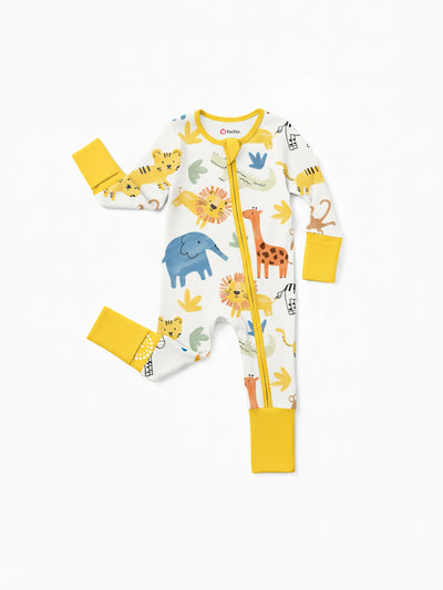 Bamboo Baby Boy/Girl Cartoon Printed 2-Way Zip Onesies Anti Slip Long-sleeve Footie Yellow
