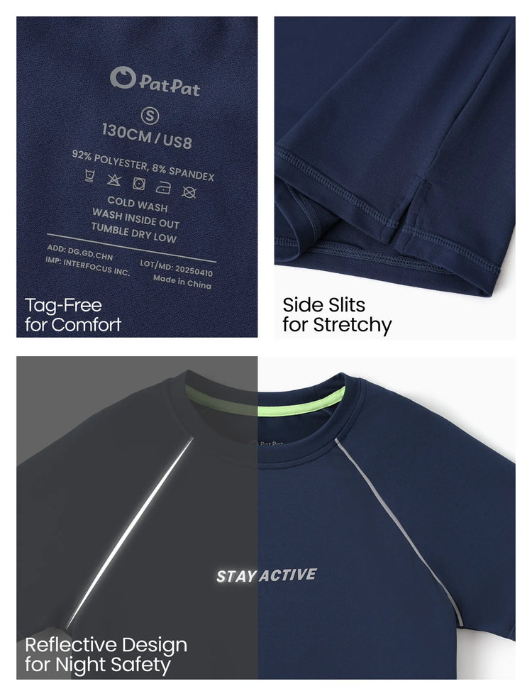 T-shirt de sport à manches courtes PatPat Lightflow Activewear pour garçon, ultra léger et à séchage rapide, bleu foncé