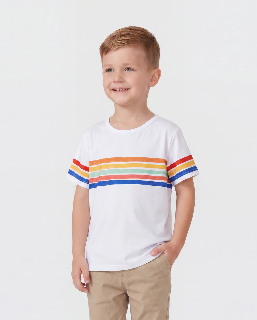 Familie passende bunt gestreifte V-Ausschnitt-Kleider mit Flatterärmeln und Kurzarm-T-Shirt-Sets ursprünglich weiß