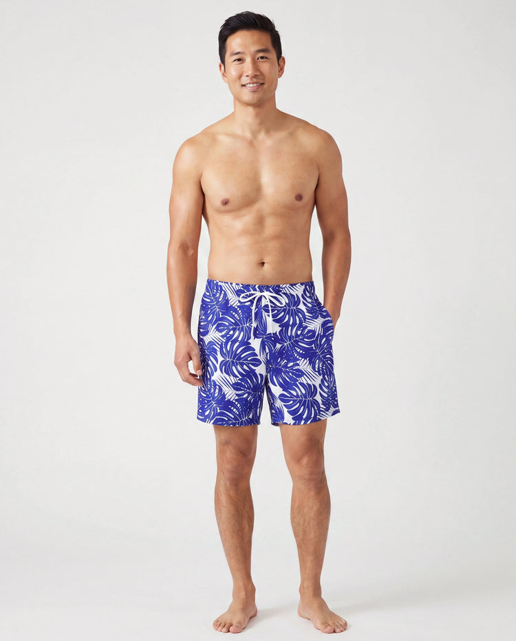 Bañadores con estampado de hojas tropicales o traje de baño de una pieza con tirantes cruzados huecos para papá e hija Azul