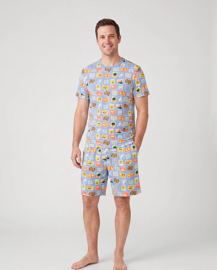 Daddy & Son Bambus Familien-Pyjamas mit Urlaubsmotiv Kurzarm passendes Pyjama-Set (eng anliegend für Kinder) Colorblock