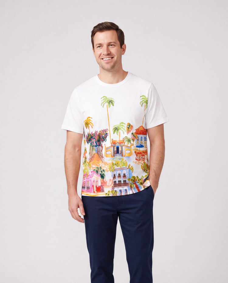 Daddy & Daughter Vacation Set Tropical Pineapple Coconut Tree Print Short-sleeve T-shirt or Hollow out Strap Dress for Summer Vacation White