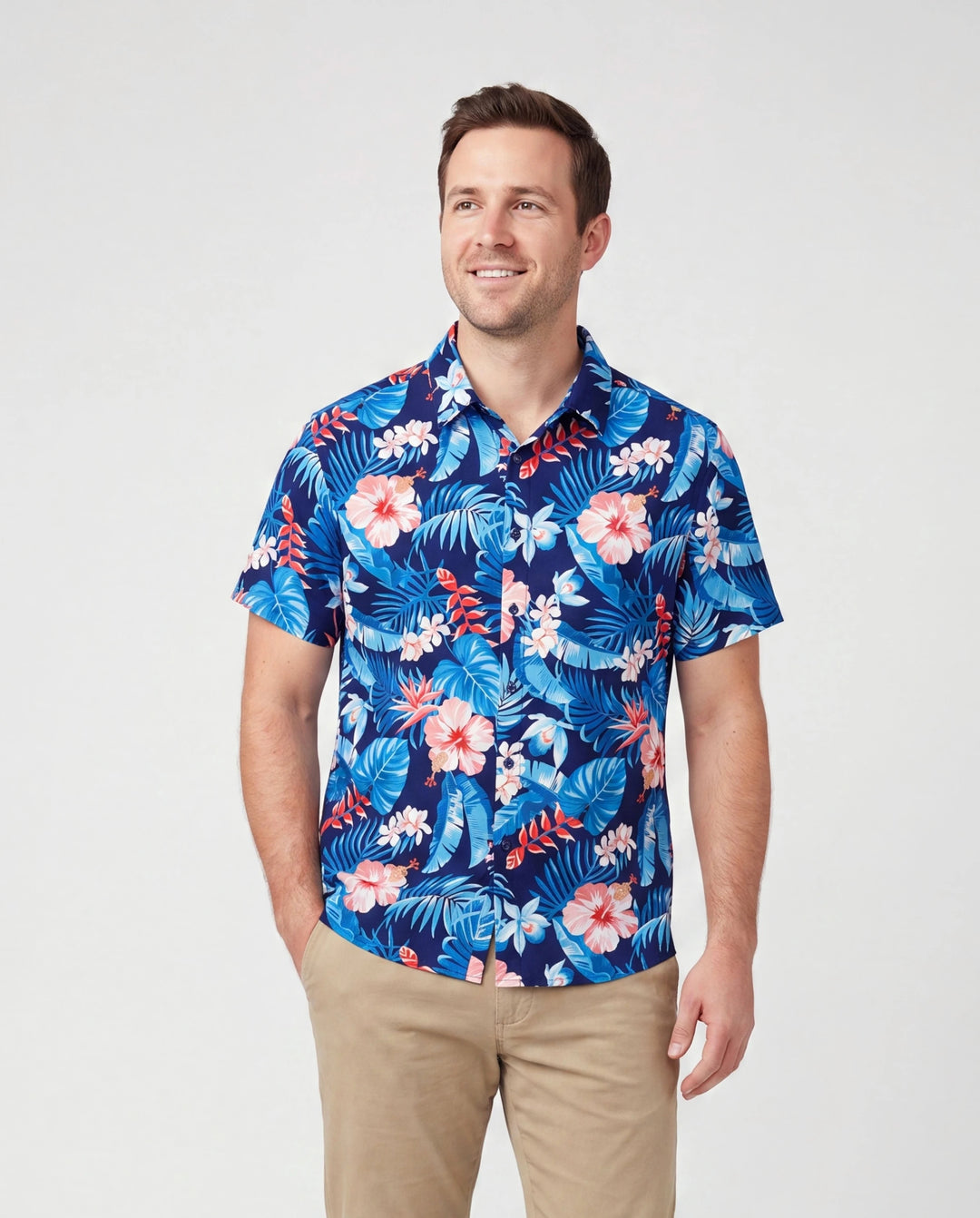 Daddy & Son Vacation Set Tropical Floral Print Shirt or Halter Dresses for Dad, Mom, Kids & Baby, Perfect for Summer Holidays & Family Photos Deep Blue