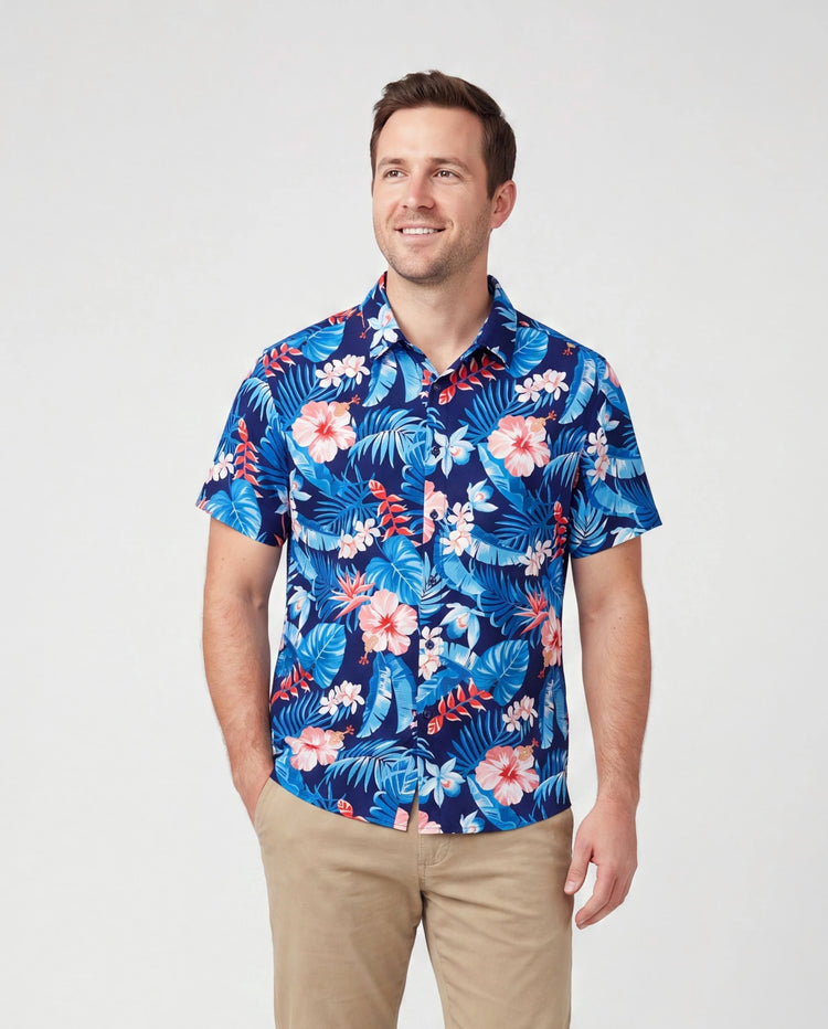 Daddy & Son Vacation Set Tropical Floral Print Shirt or Halter Dresses for Dad, Mom, Kids & Baby, Perfect for Summer Holidays & Family Photos Deep Blue