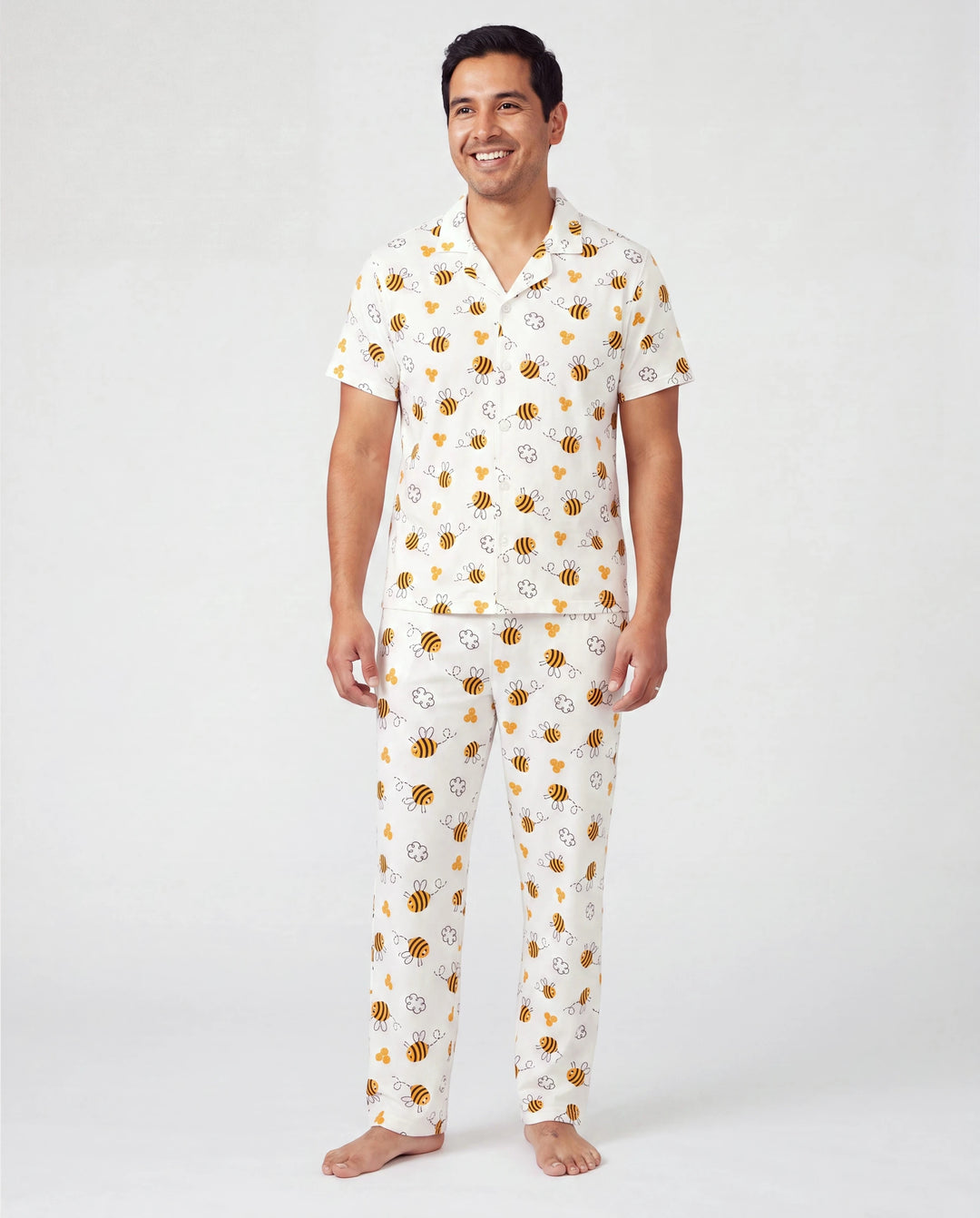 Pijamas de bambú para papá e hijo Pijamas suaves de viscosa de bambú para hombres, mujeres, niños, pijama con estampado de abeja linda con top de manga corta y pantalones largos blanco