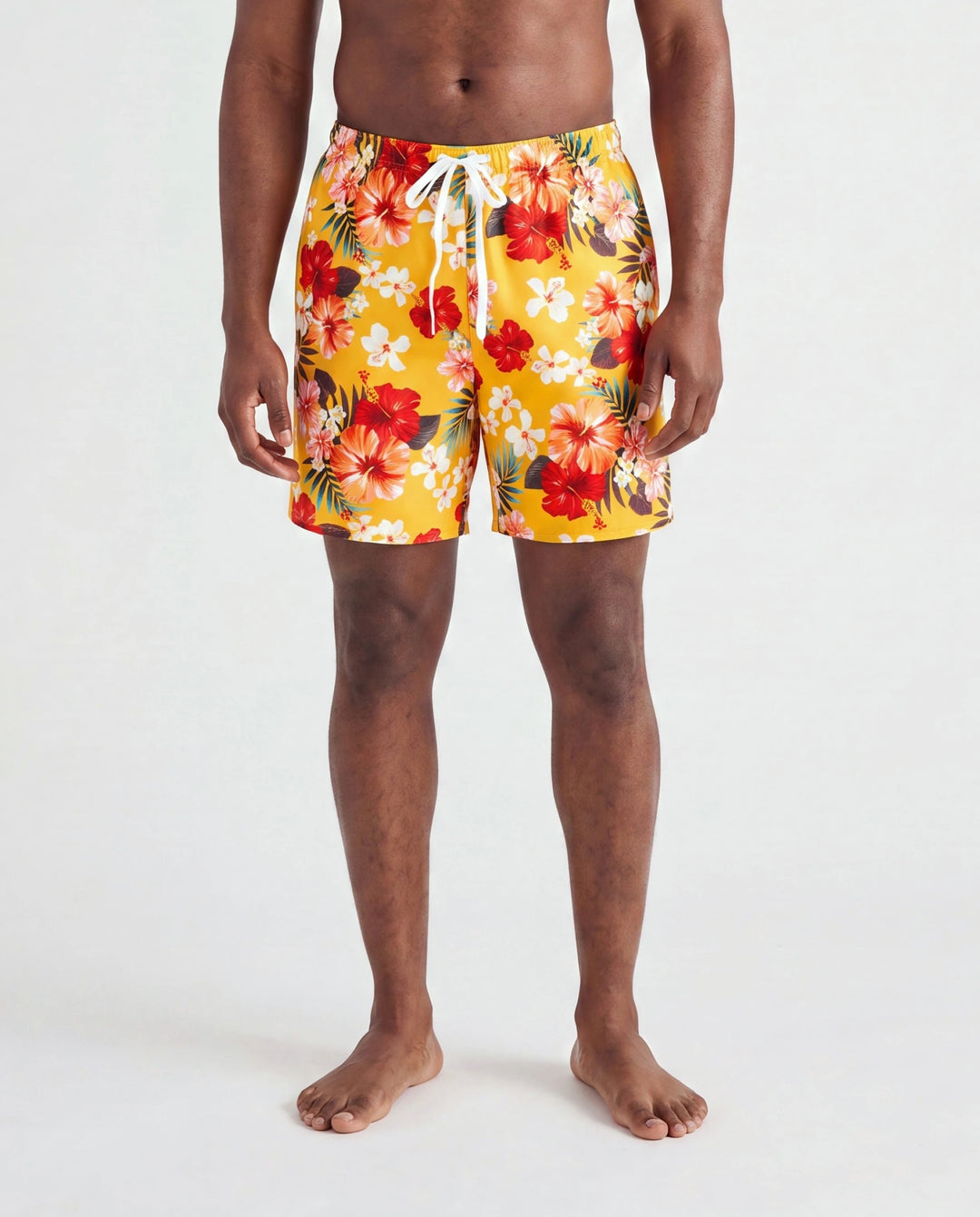 Daddy & Tochter Blumenmuster Badeshorts mit Kordelzug oder Fließendes Zusammengesetztes Mesh Badeanzugkleid mit Dreieck Badehose Gelb