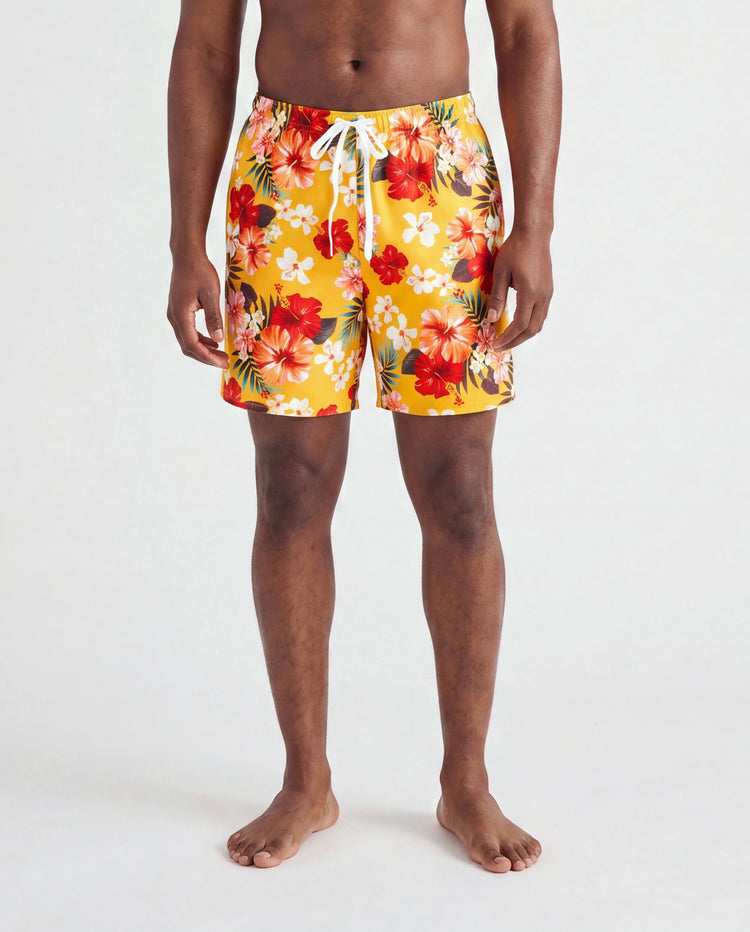 Daddy & Tochter Blumenmuster Badeshorts mit Kordelzug oder Fließendes Zusammengesetztes Mesh Badeanzugkleid mit Dreieck Badehose Gelb