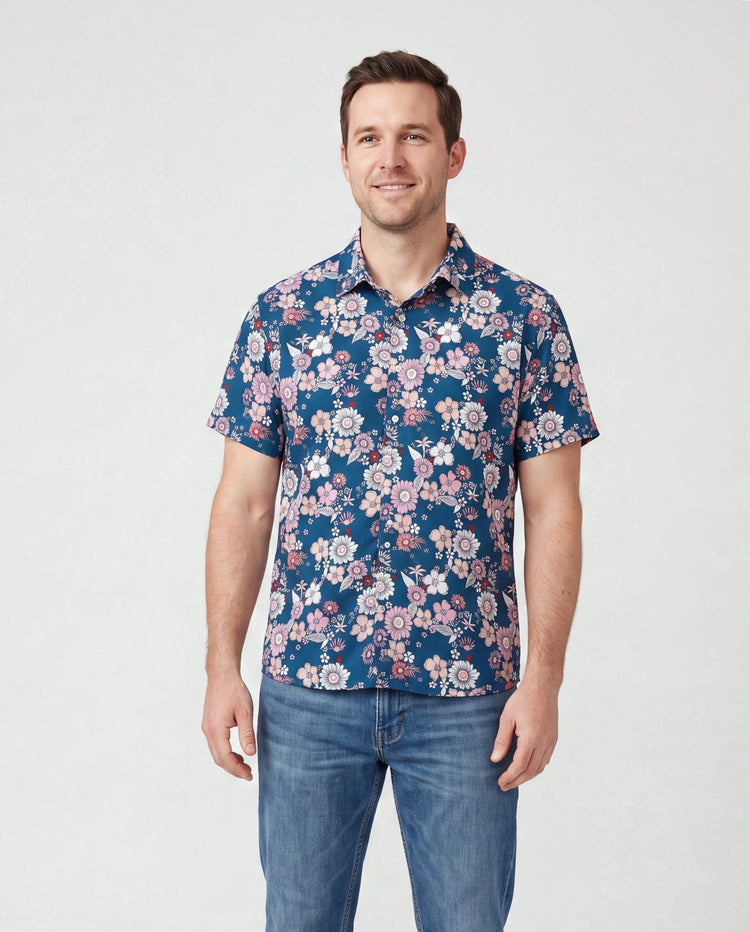 Papa & Tochter Outfits Blumen-Allover-Druck Kurzarm-Hemd mit Kragen oder Neckholder-Ärmelloses Kleid für Sommerurlaub CYAN-