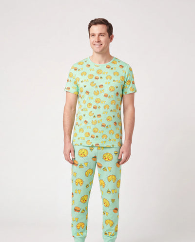 Pijamas familiares de bambú color menta para papá e hijo con estampado de tema de comida de dibujos animados, camiseta de manga corta y pantalones largos, conjunto de pijama a juego (ajustado para niños) Azul claro