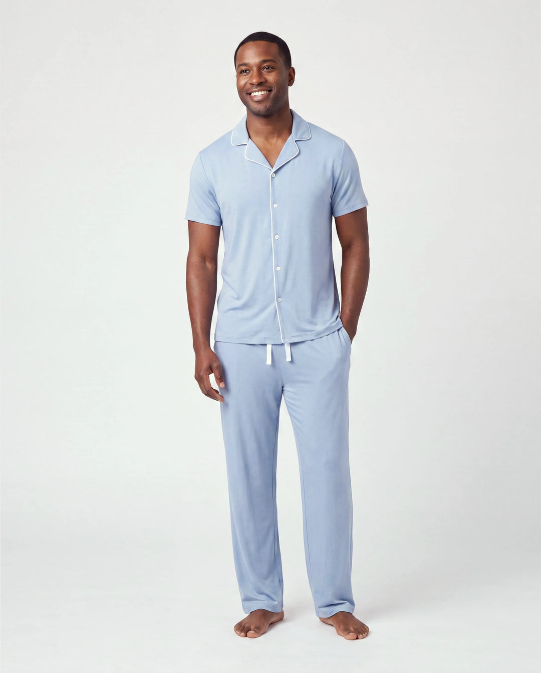 Pijamas de bambú para papá e hijo Pijamas suaves de viscosa de bambú para hombres, mujeres, niños, bebés, pijama clásico azul con camisa abotonada y pantalones azul grisáceo