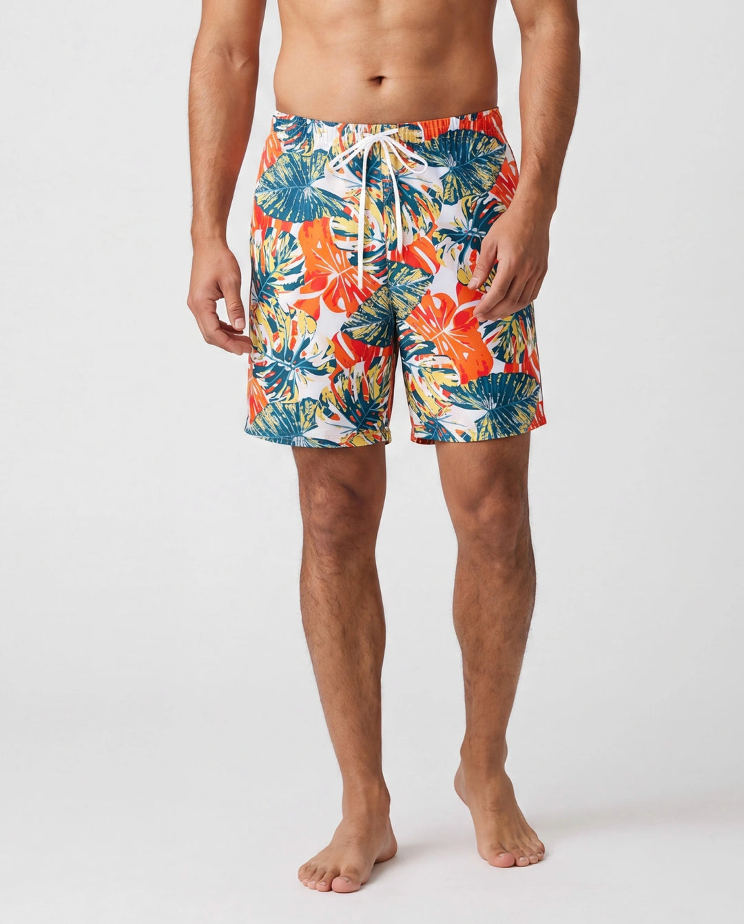 Daddy & Daughter Orange and All Over Tropical Plant Print Splicing Ruffle One-Piece Swimsuit and Swim Trunks Shorts Orange color