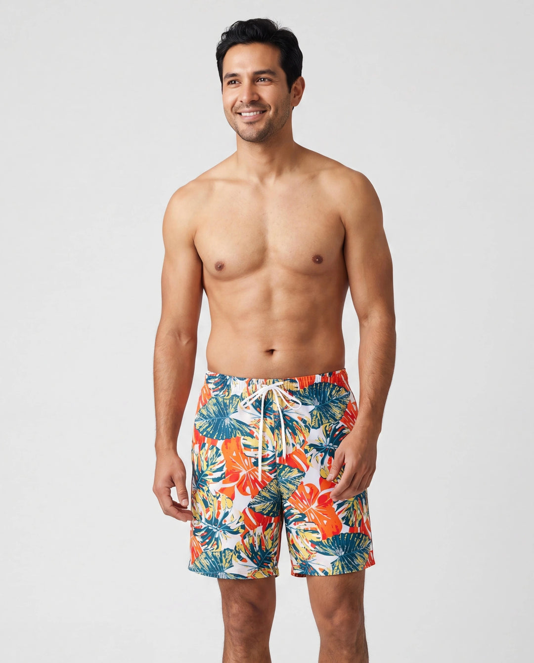 Daddy & Son Orange and All Over Tropical Plant Print Splicing Ruffle Swim Trunks Shorts Orange color