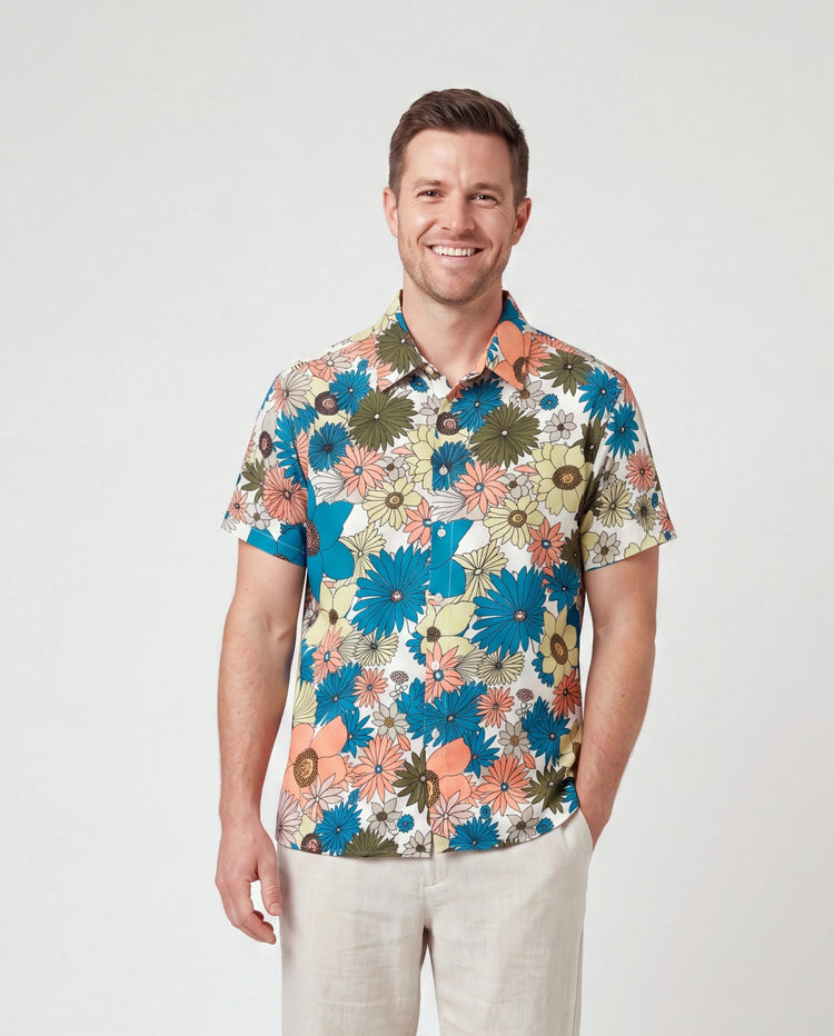 Daddy & Son Set Sun Flower Print Short-sleeve Collar Shirt for Summer Vacation Multi-color