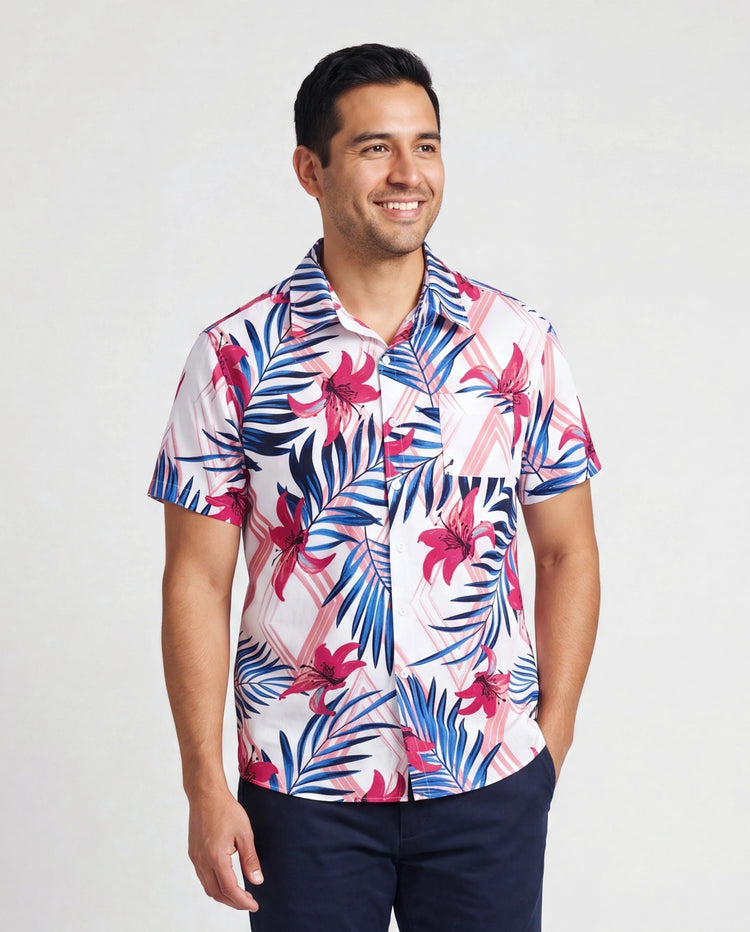 Daddy & Son Tropical Floral Outfits Pink Blue Leaf Print Short-sleeve Shirt Set for Vacation, Cruise, Beach White