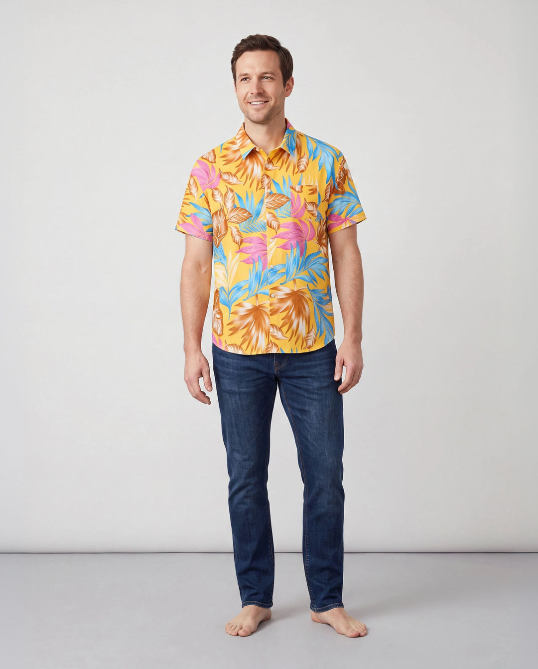 Ensemble assorti famille Papa et Moi : Ensemble jaune chemise à manches courtes ou robe à bretelles à imprimé feuilles tropicales Jaune