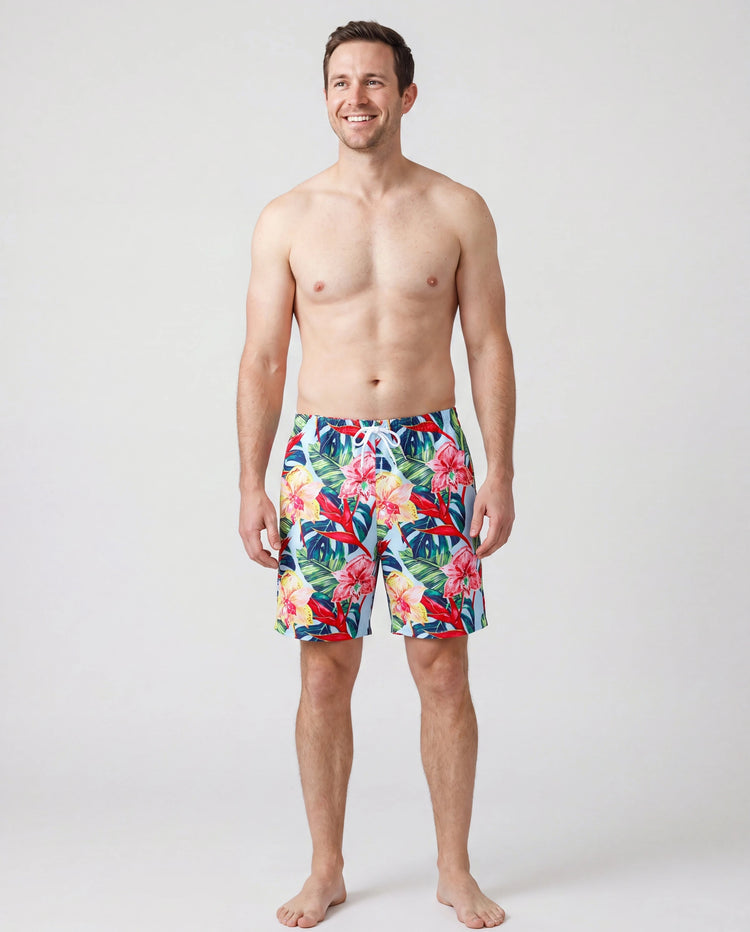 Papa und Ich Familien-Matching geblümte Kordelzug-Badeshorts oder geraffter Muschelrand-Bikini mit optionalem Bade-Cover-Up Rot