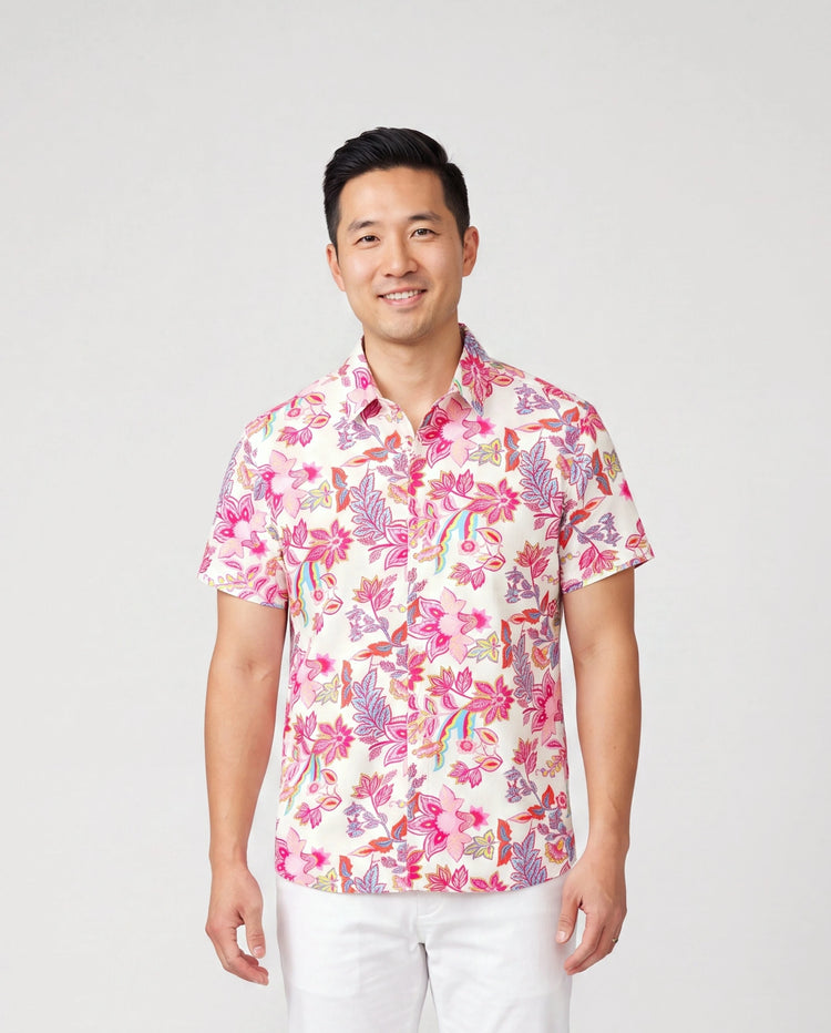 Daddy & Son Outfits Set Tropical Flora Print Short-sleeve Collar Shirt or Halter Belted Dress for Summer Vacation Beige