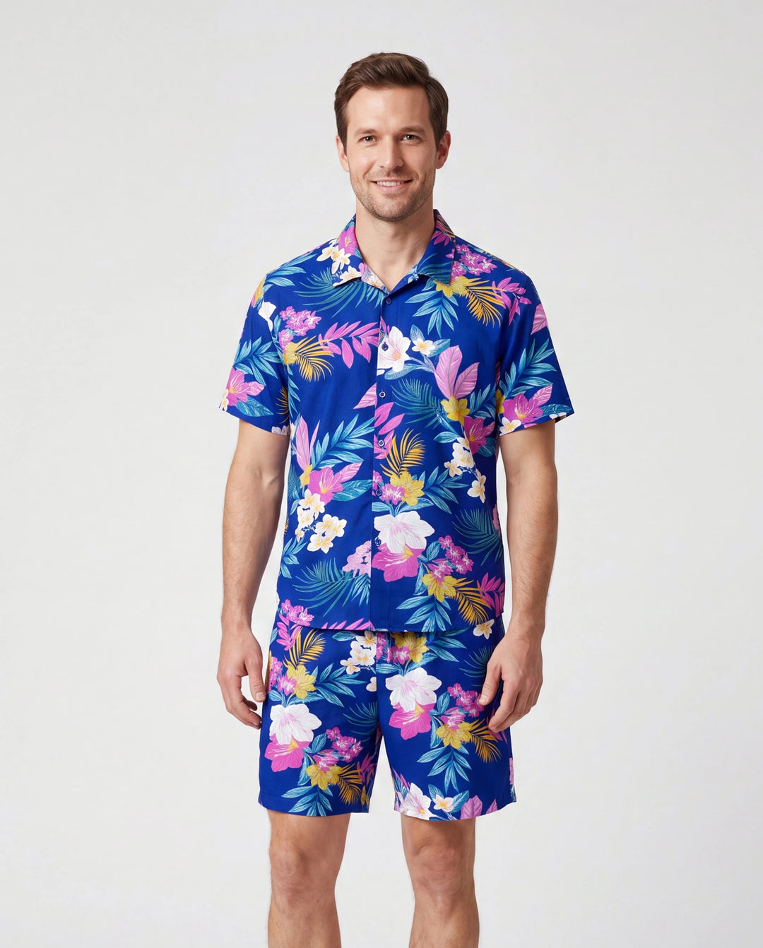 Ensemble assorti famille Papa et Moi : Tenues hawaïennes familiales robe à bretelles à imprimé floral tropical ou ensemble chemises à manches courtes et shorts Tenue d'été pour la plage Bleu foncé