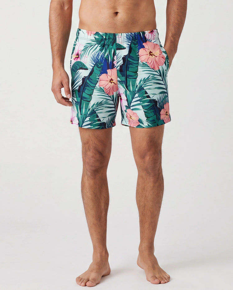 Daddy & Son Plant Print Swim Trunks Green