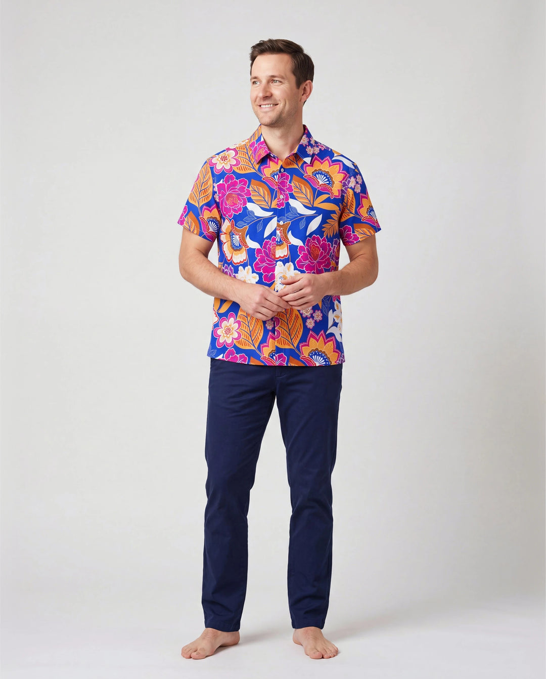 Papa & Sohn Hawaiianische Outfits Tropischer Blumenmuster Urlaubskleidung Kurzarm Hemden Sommer Strandbekleidung Set Marineblau