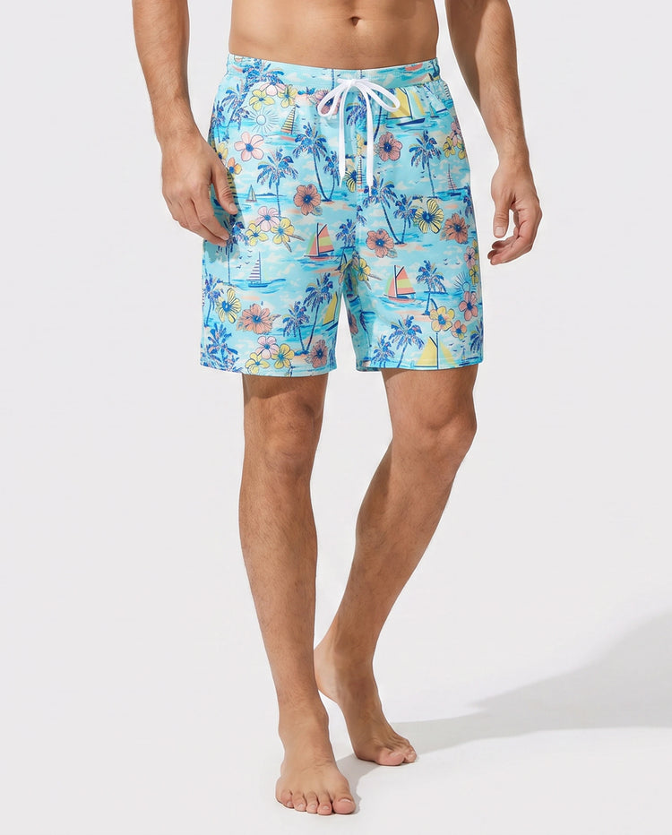 Maillots de bain Daddy & Fils à imprimé tropical, ensemble shorts de bain Daddy & Fils pour vacances d'été à la plage Bleu clair