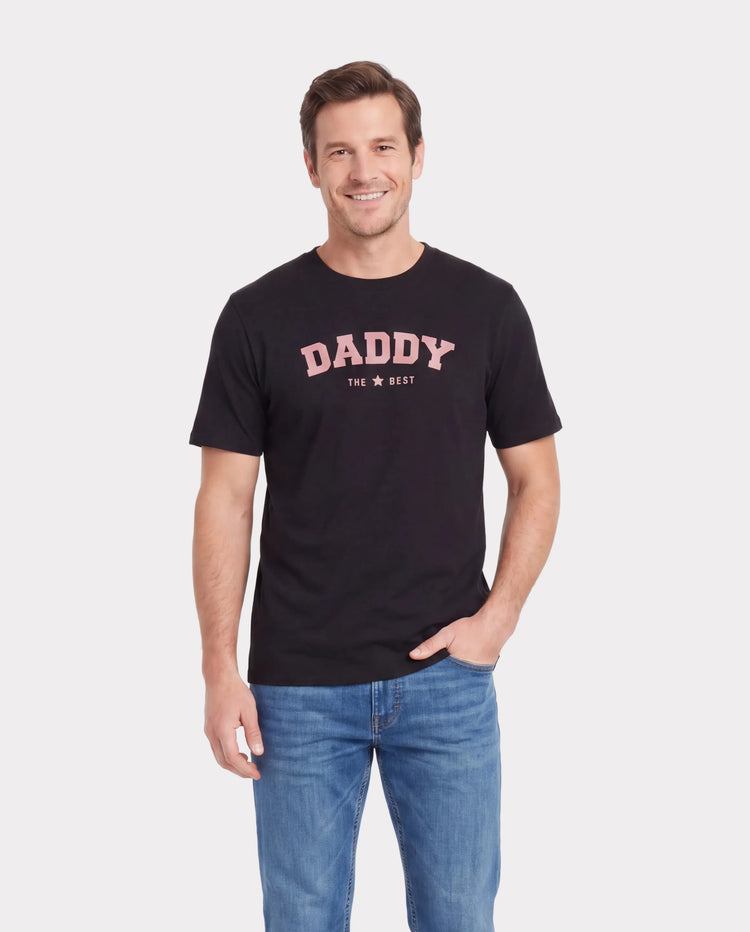 Daddy & Son Cotton T-Shirt & Dress Set Daddy / Mini Print Black Tee for Dad and boy, Floral Print splicing Dress for Mom, girl and Baby, Perfect for Summer Family Outings Black