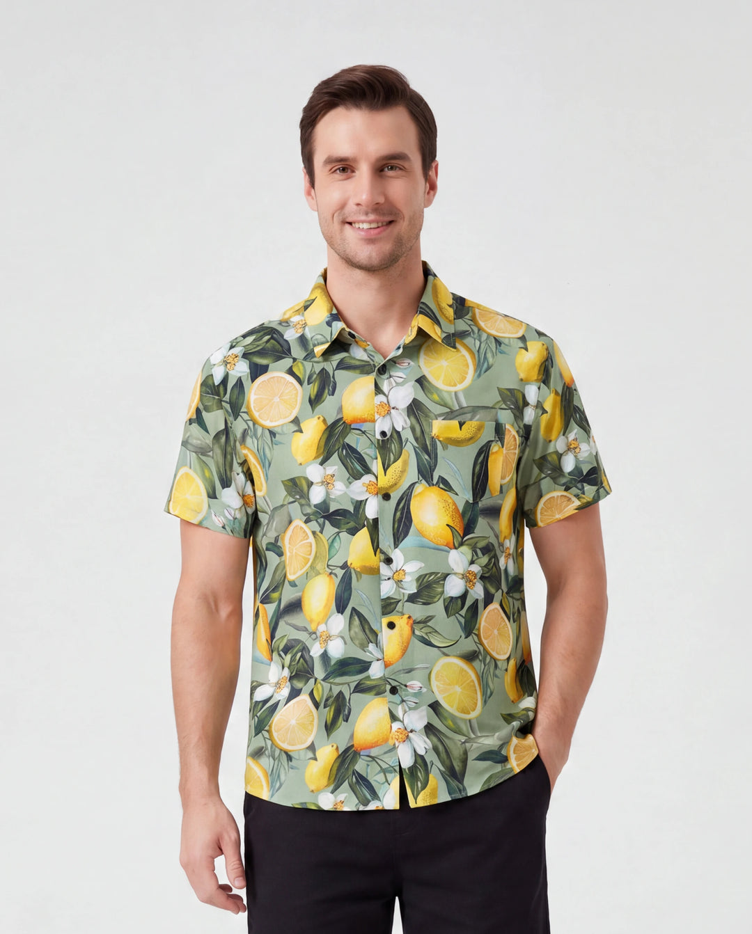 Conjuntos Daddy & Son – Camisas hawaianas con estampado de limón – Ropa tropical para vacaciones para hombres y niños Verde