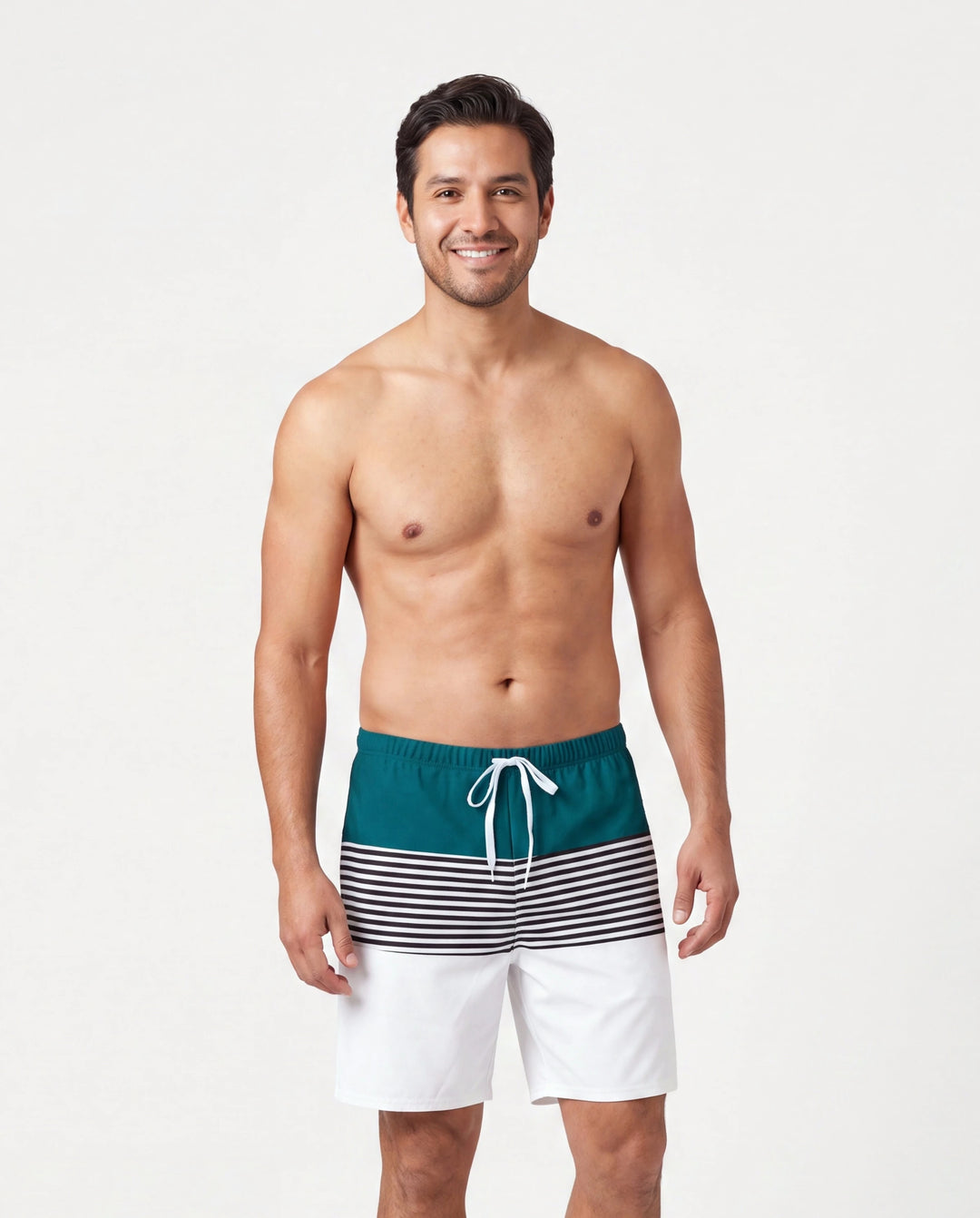 Daddy & Daughter Colorblock One Shoulder Cut Out One-piece Swimsuit and Striped Spliced Swim Trunks Shorts DeepTurquoise