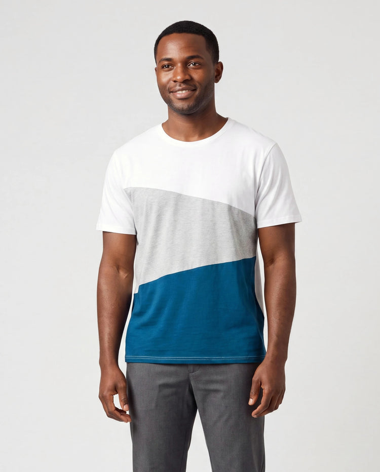 Vestidos con escote en V sólido y mangas de volantes combinados con estampado floral y conjuntos de camisetas de manga corta a bloques de color para papá e hija Azul celeste