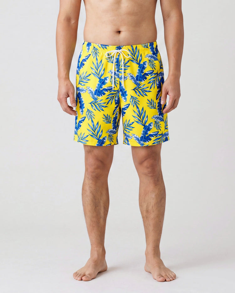 Bañadores con estampado de hojas amarillas o bikini con mangas de volantes fruncidas y cubierta opcional para papá e hija Amarillo