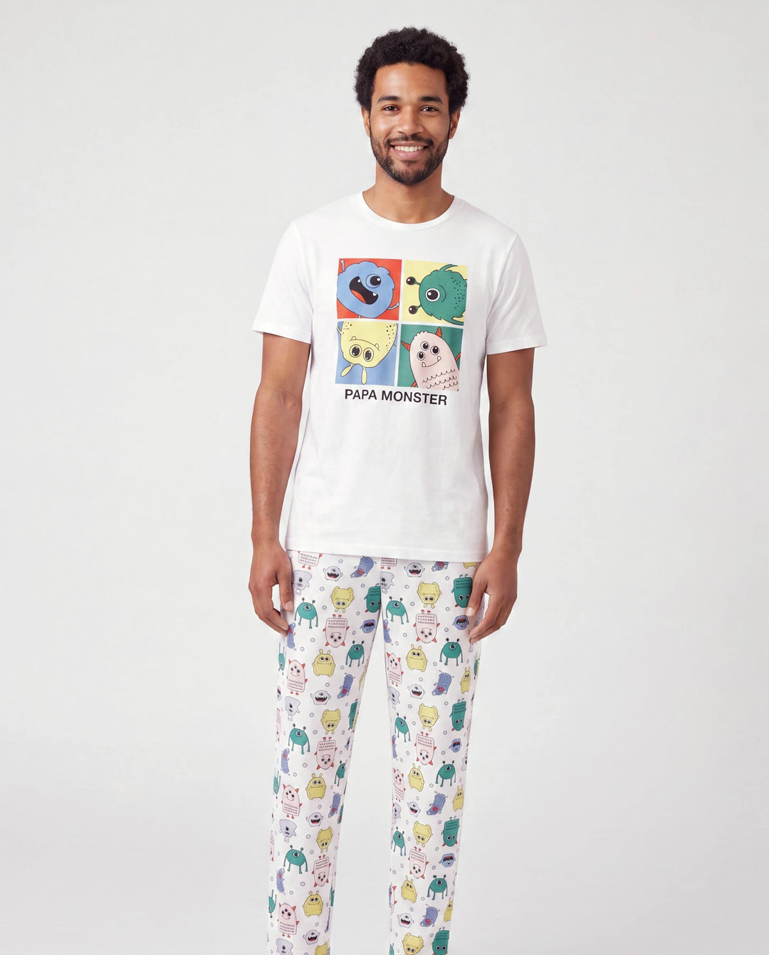 Daddy & Sohn Bambus Familien-Pyjamas Süßer kleiner Monsterdruck Kurzarm Passendes Pyjama-Set (Eng anliegend für Kinder) Weiß