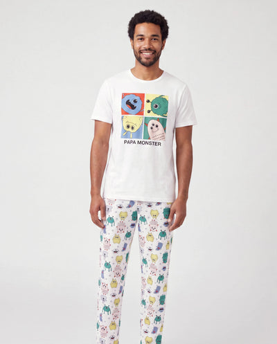 Pijamas familiares de bambú de Papá y Hijo Conjunto de pijama a juego de manga corta con estampado de monstruo lindo (ajustado para niños) Blanco