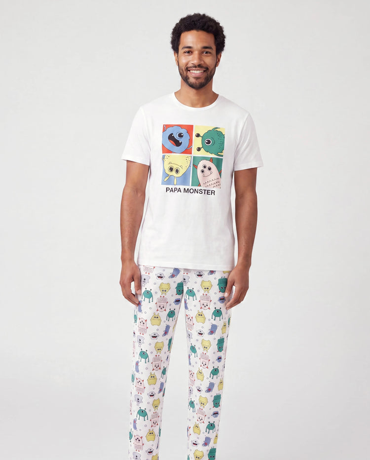 Daddy & Sohn Bambus Familien-Pyjamas Süßer kleiner Monsterdruck Kurzarm Passendes Pyjama-Set (Eng anliegend für Kinder) Weiß