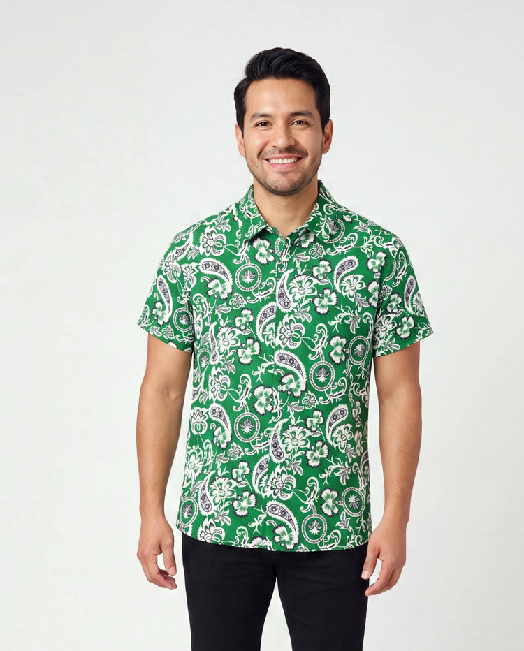 Daddy & Daughter Outfits Set Floral Print Short-sleeve Collar Shirt or Strappy Smocked  Dress for Summer Vacation Green