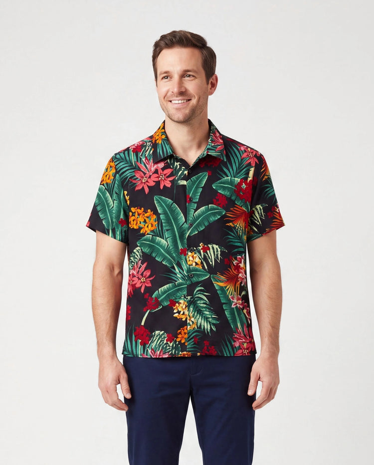 Conjuntos familiares a juego para papá y yo Vestidos halter con estampado floral de plantas por completo y conjuntos de camisas de manga corta Negro