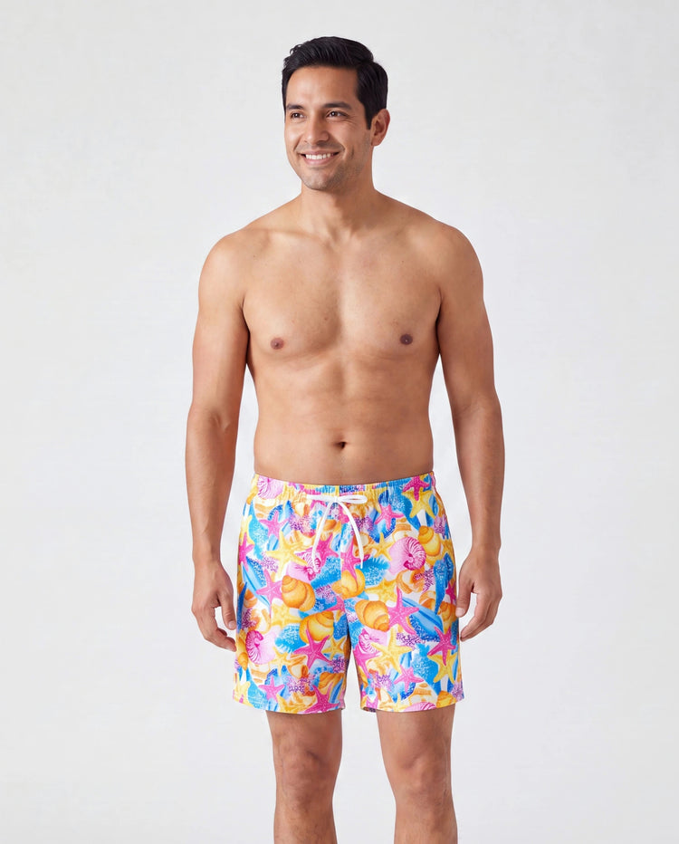 Papa & Sohn Muschel- & Seestern-Print Badeanzüge Raffung Einteiler & Badeshorts Set Mehrfarbig